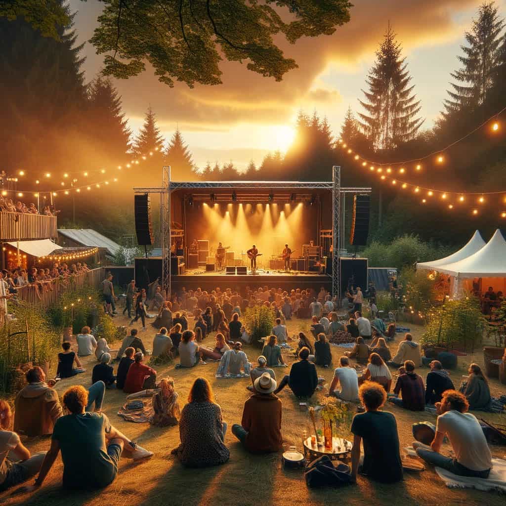 "Intimes Konzert bei einem versteckten Musikfestival im Freien im Norden Deutschlands, mit einem goldenen Sonnenuntergang, der eine rustikale Bühne in einem offenen Feld beleuchtet, umgeben von tanzenden und entspannenden Festivalbesuchern.